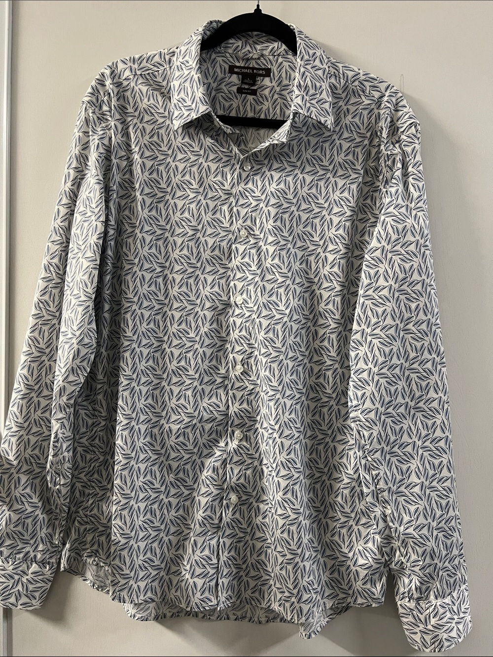 Michael Kors White Shirt with Blue Leaf Pattern Button-Down